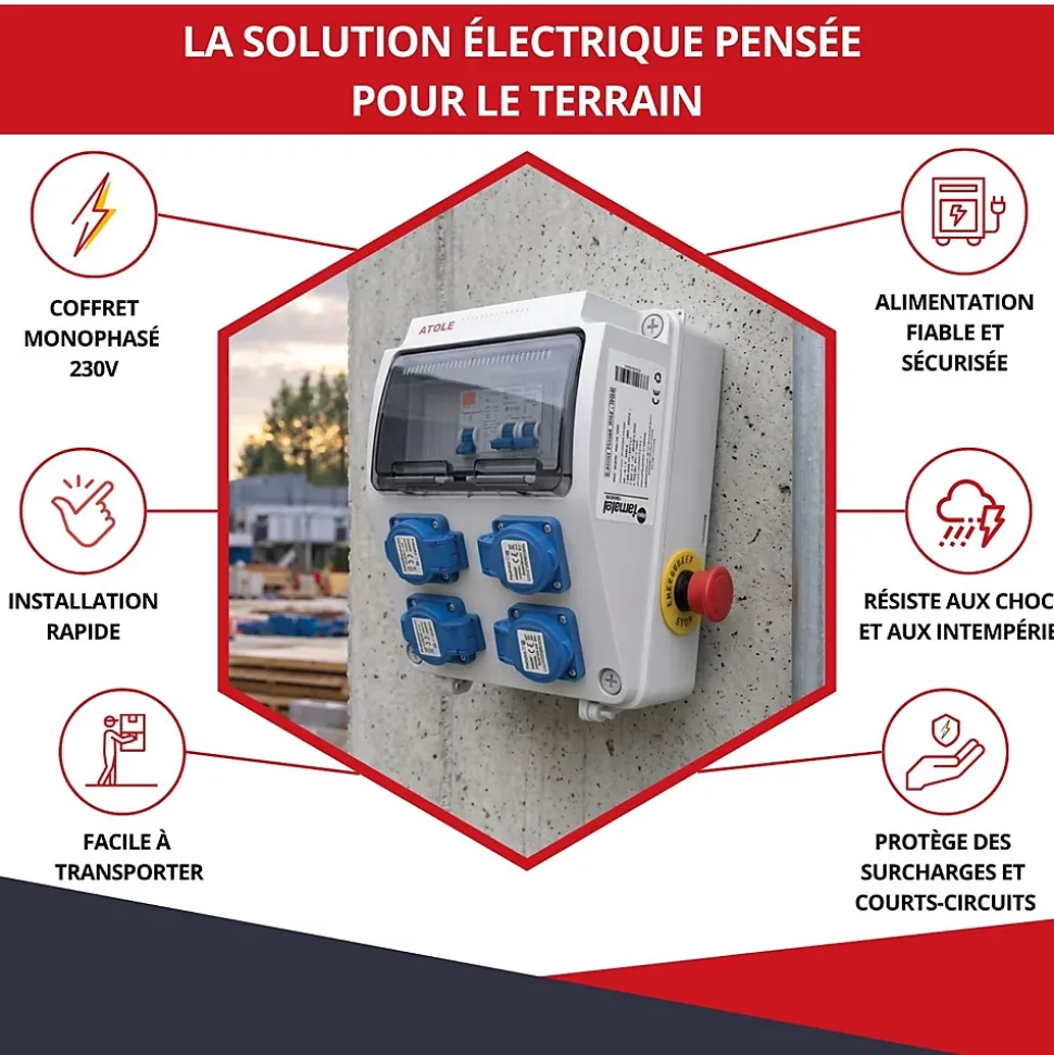 Coffret de Chantier Monophasé 230V ATOLE - 4 Prises NF 2P+T - 16A - 9 Modules - Coffret Électrique sans câble