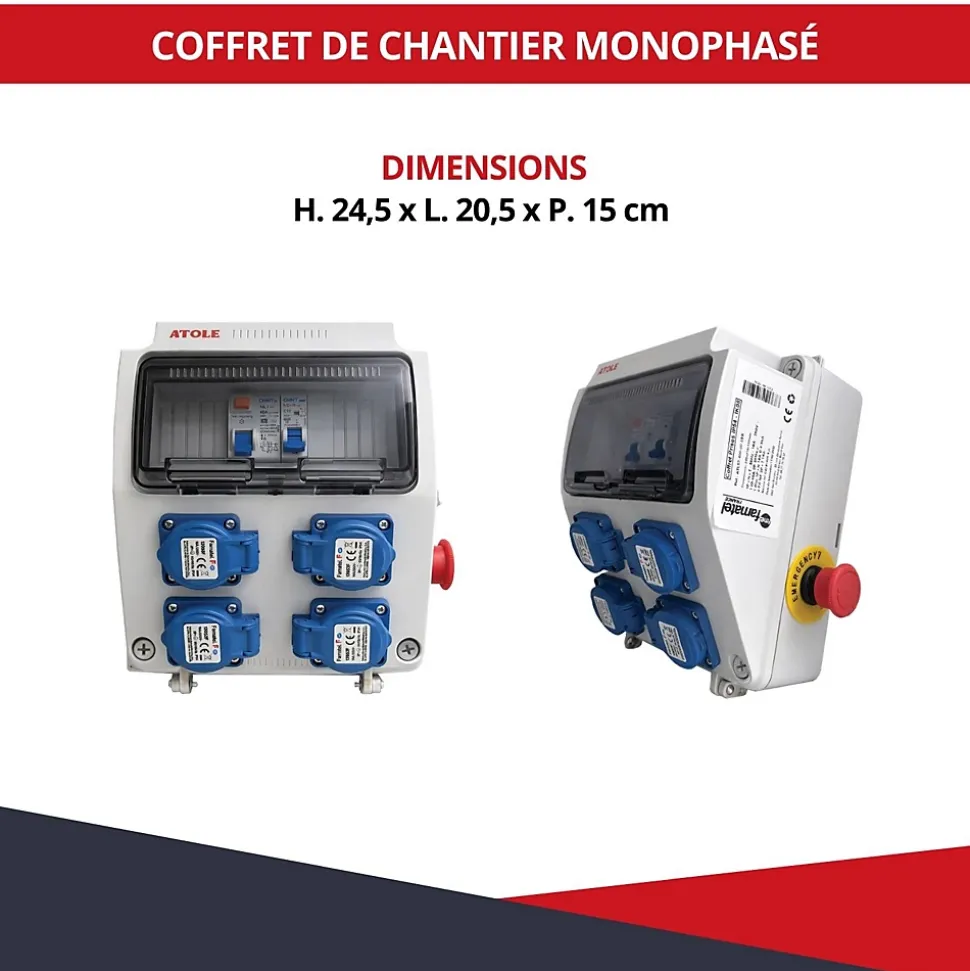 Coffret de Chantier Monophasé 230V ATOLE - 4 Prises NF 2P+T - 16A - 9 Modules - Coffret Électrique sans câble