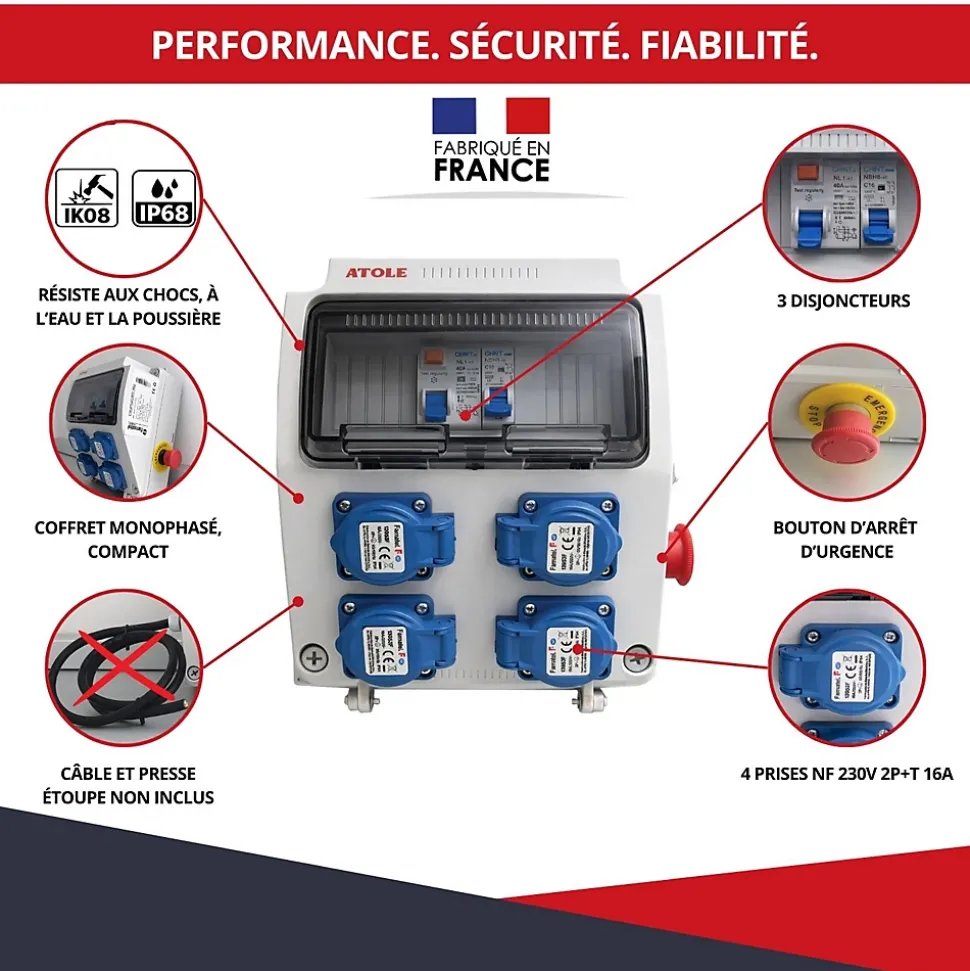 Coffret de Chantier Monophasé 230V ATOLE - 4 Prises NF 2P+T - 16A - 9 Modules - Coffret Électrique sans câble