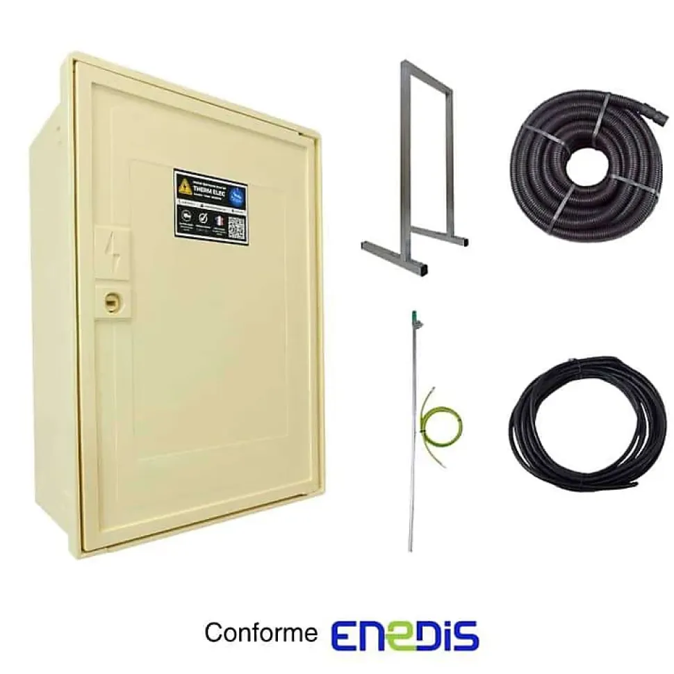 Coffret de chantier monophasé 12 kW - pack complet raccordement souterrain 3 mètres conforme ENEDIS avec bornier IP2X