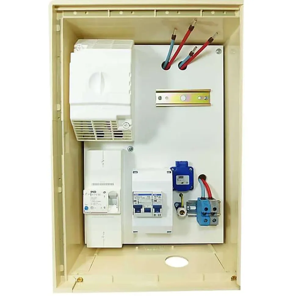 Coffret de chantier monophasé 12 kW - pack complet raccordement aérien 15m conforme ENEDIS avec 1 prise et bornier IP2X