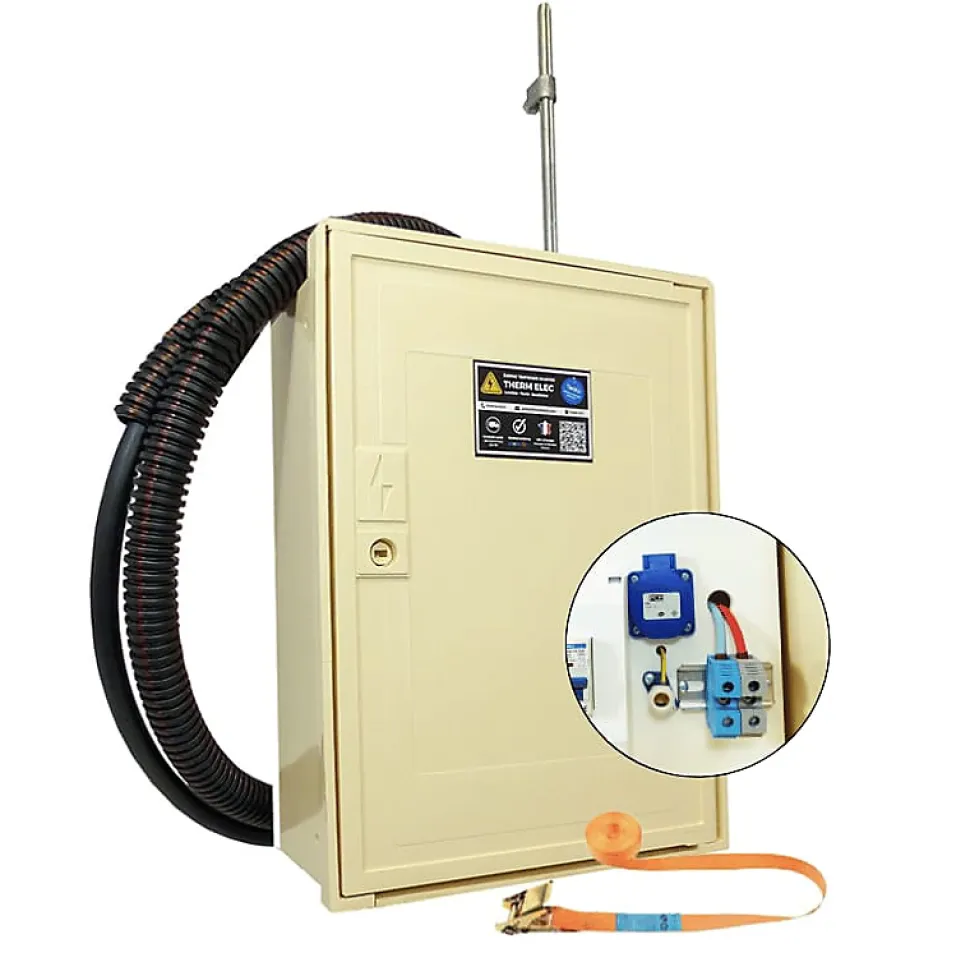 Coffret de chantier monophasé 12 kW - pack complet raccordement aérien 15m conforme ENEDIS avec 1 prise et bornier IP2X