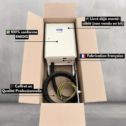 Coffret de chantier monophasé 3/6/9 kW - pack complet raccordement souterrain 3m conforme ENEDIS avec 1 prise et bornier IP2X