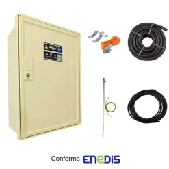 Coffret de chantier monophasé 3/6/9 kW - pack complet raccordement aérien 15m conforme ENEDIS avec 1 prise et bornier IP2X