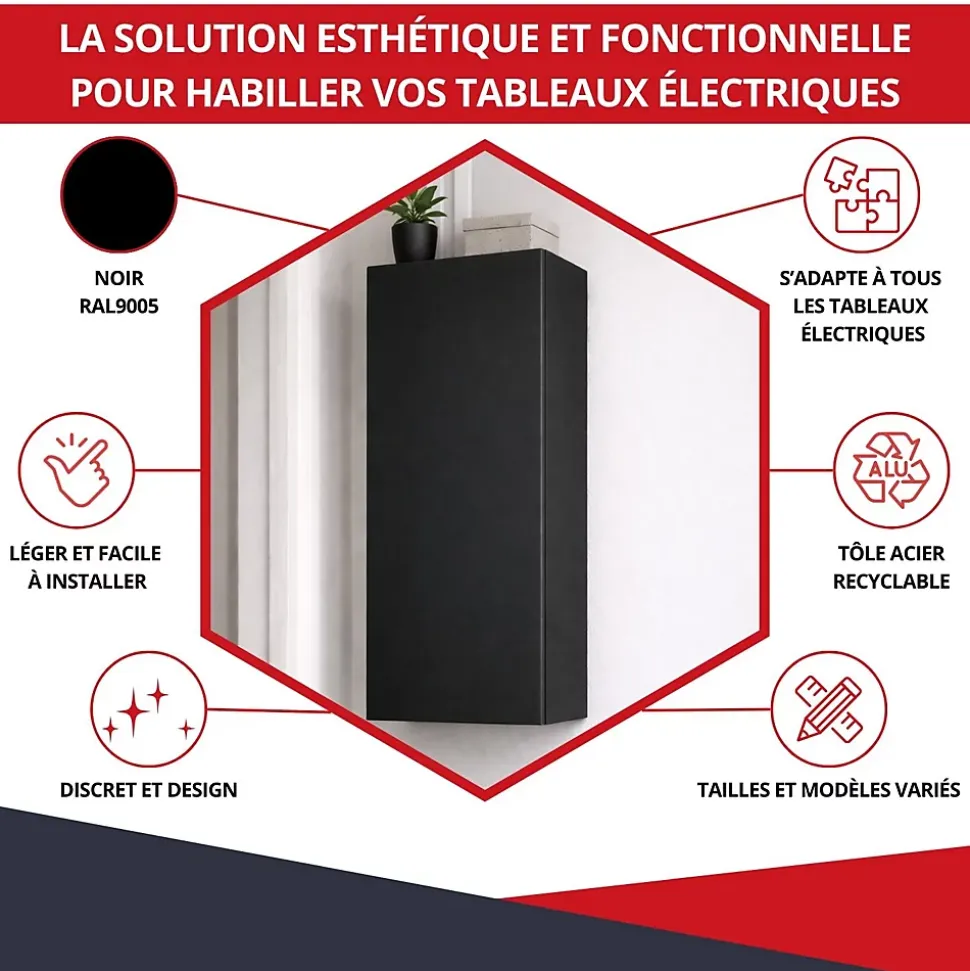 Coffret d'habillage ATOLE 13 modules en acier noir pour tableaux électriques - H 540 x L 340 x P 140 mm - Réf. RCH100NR