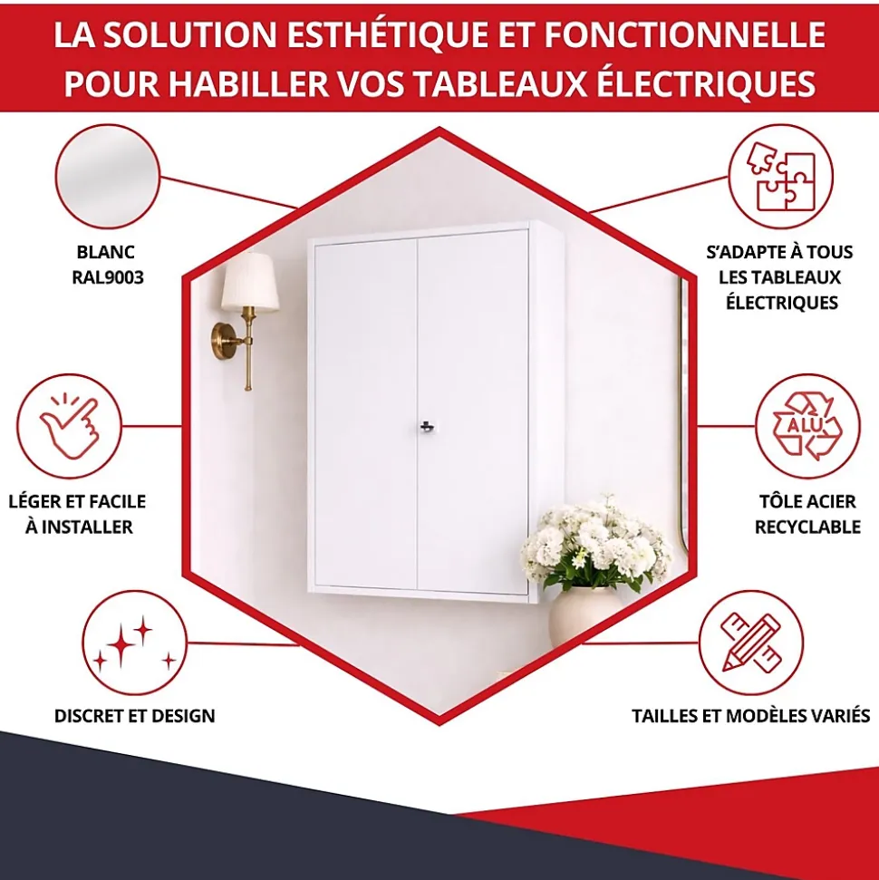 Coffret d'habillage ATOLE en acier avec clé pour tableaux électriques double - H 54 x L 58,5 x P 16 cm - Réf. RCH2T616GSS