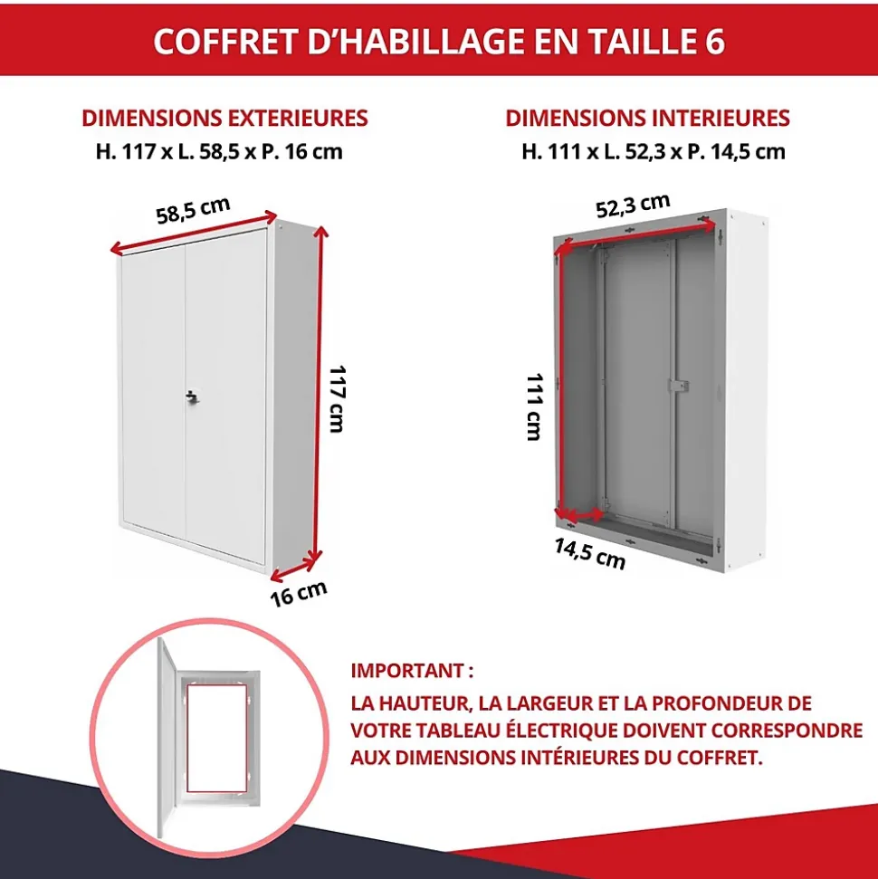 Coffret d'habillage ATOLE en acier avec clé pour tableaux électriques double - H 54 x L 58,5 x P 16 cm - Réf. RCH2T616GSS