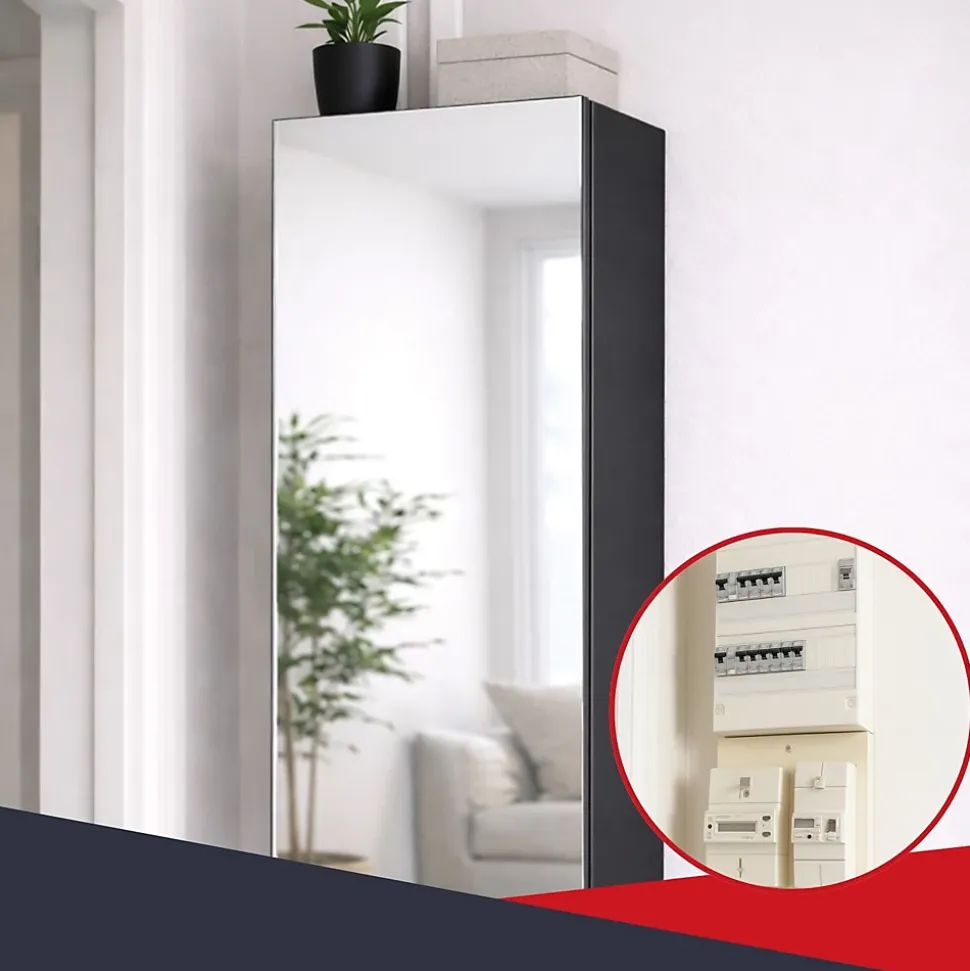 Coffret d'habillage ATOLE 13 modules en acier noir avec porte miroir - H 79 x L 34 x P 14,5 cm - Réf. RCH300MIRNR