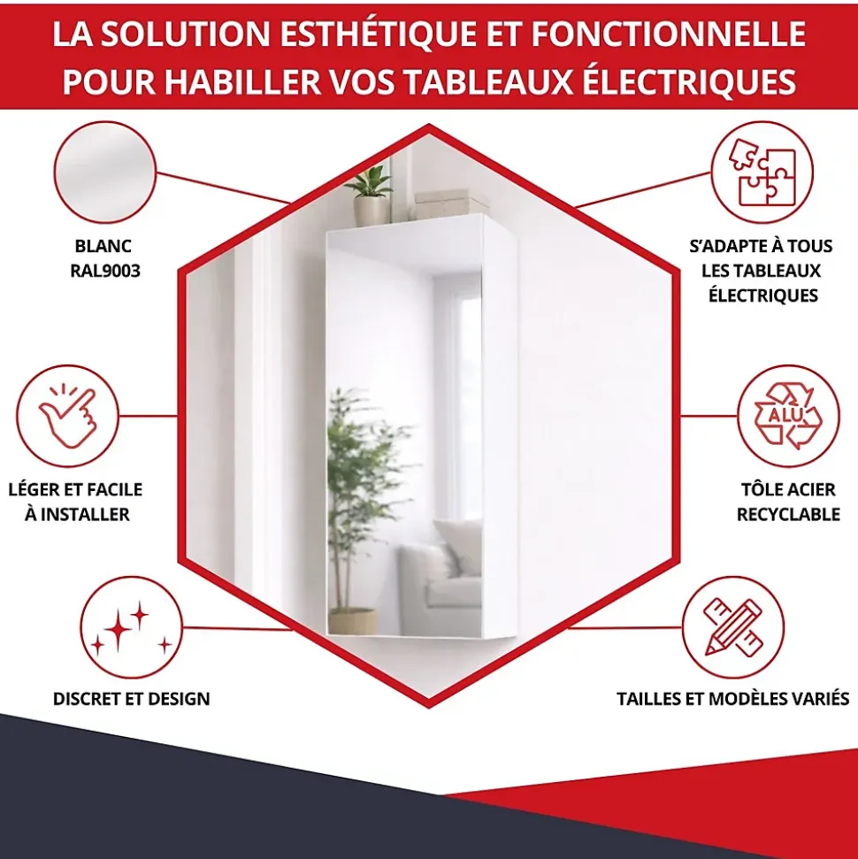 Coffret d'habillage ATOLE 13 modules en acier blanc avec porte miroir - H 79 x L 34 x P 14,5 cm - Réf. RCH300MIR