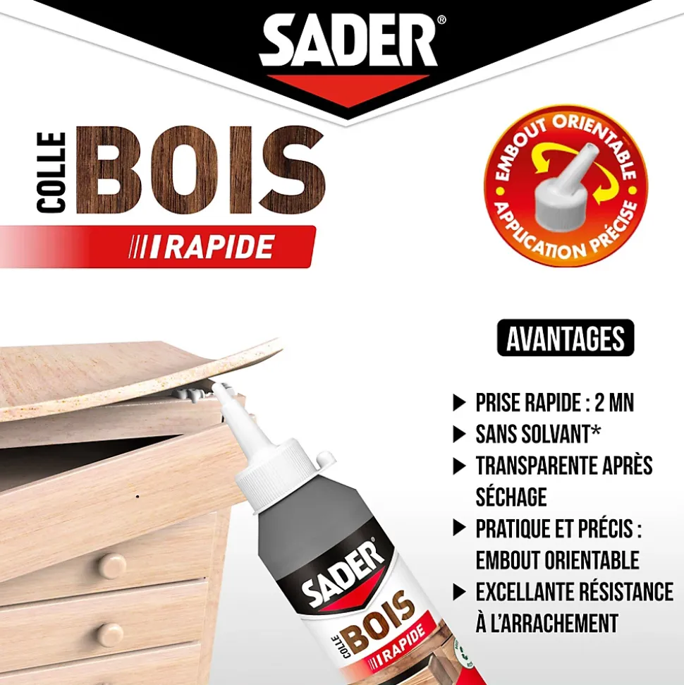 Colle à bois à prise rapide Sader transparente après séchage biberon de 250 g