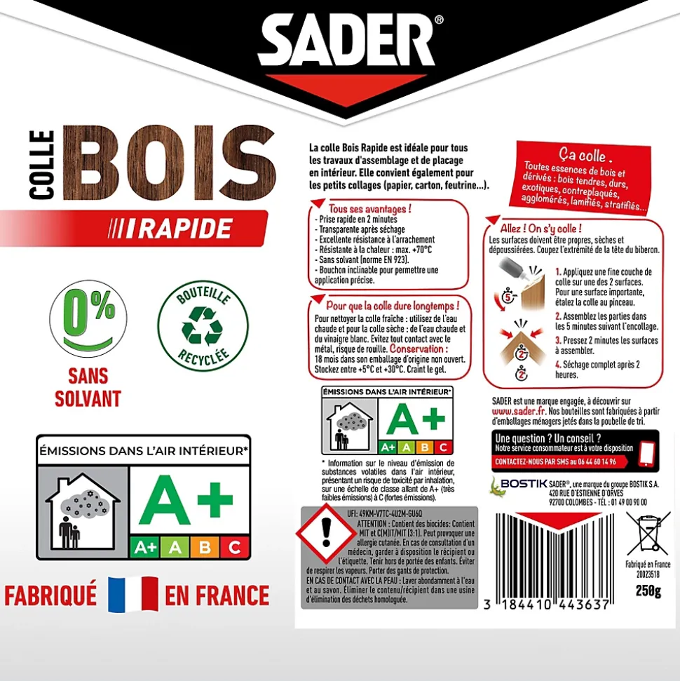 Colle à bois à prise rapide Sader transparente après séchage biberon de 250 g