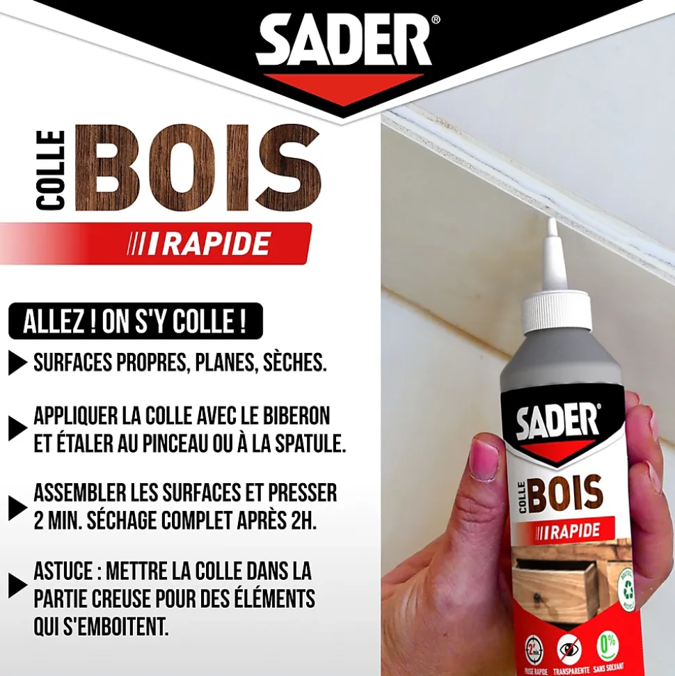 Colle à bois à prise rapide Sader transparente après séchage biberon de 250 g
