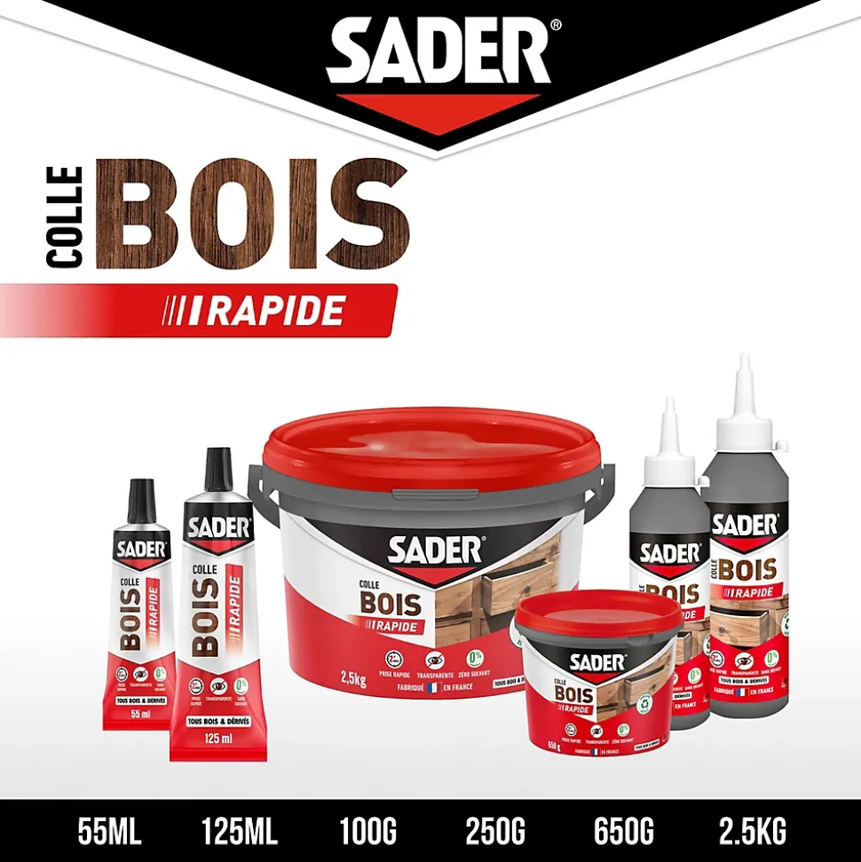 Colle à bois à prise rapide Sader transparente après séchage biberon de 250 g