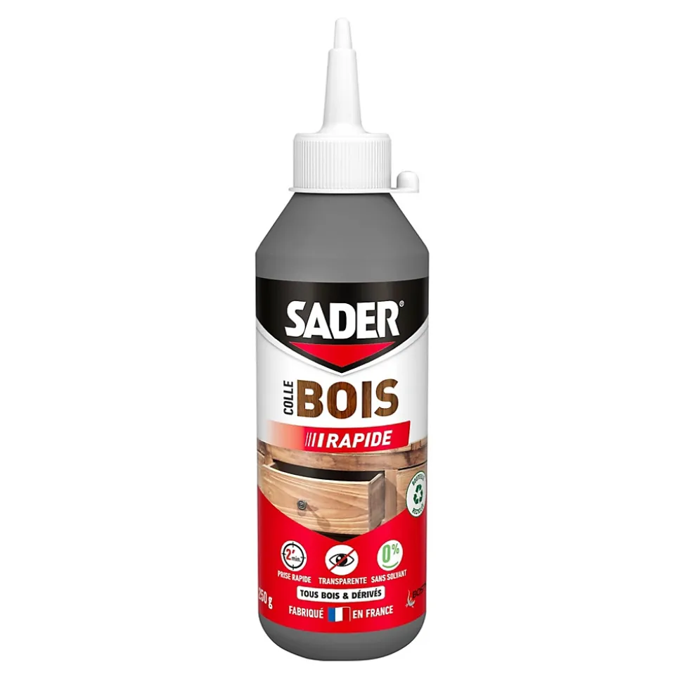 Colle à bois à prise rapide Sader transparente après séchage biberon de 250 g