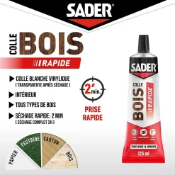 Colle à bois à prise rapide Sader transparente après séchage tube de 125 ml