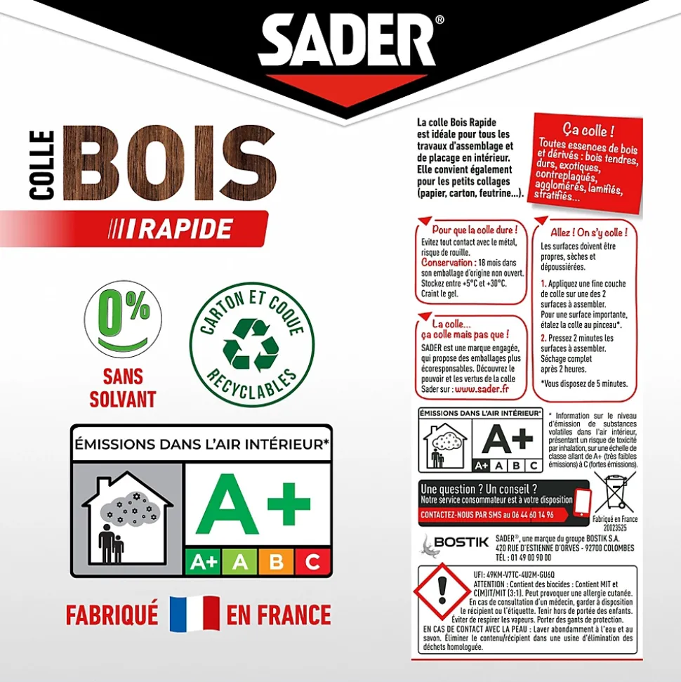 Colle à bois à prise rapide Sader transparente après séchage tube de 125 ml