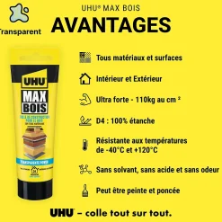 Colle à bois UHU transparente , tube 85g
