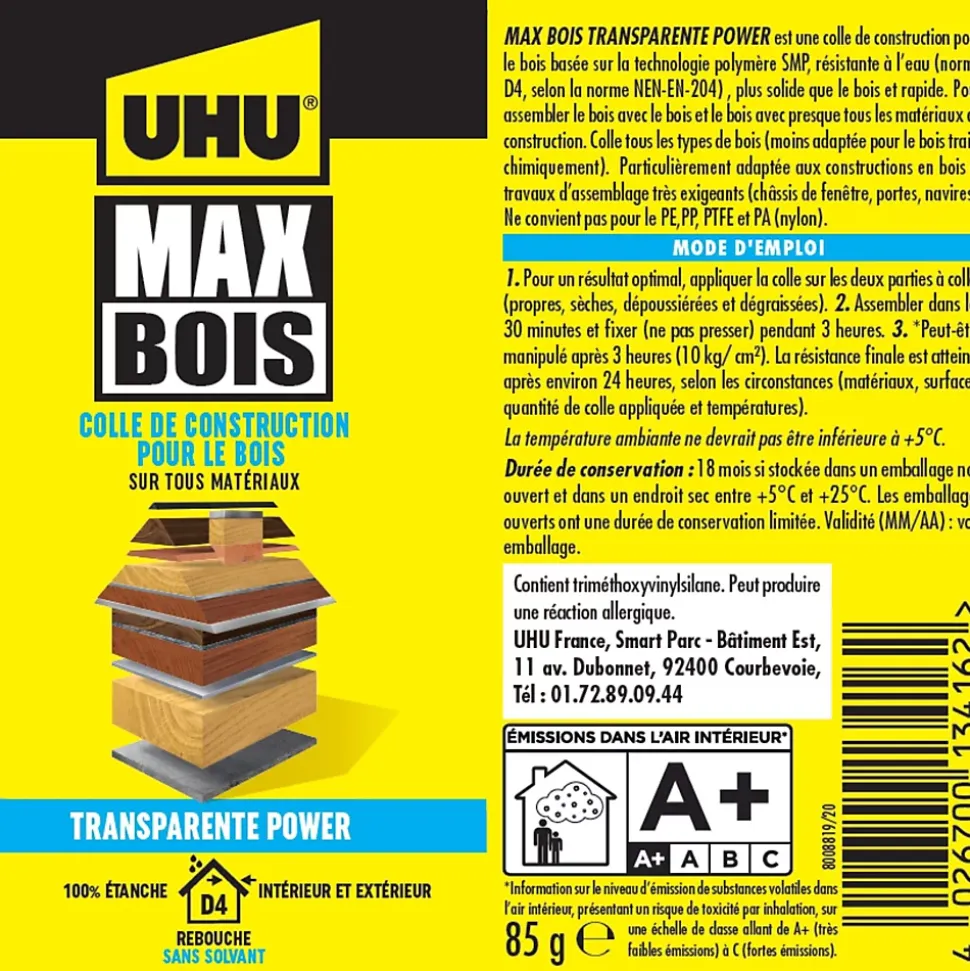 Colle à bois UHU transparente , tube 85g