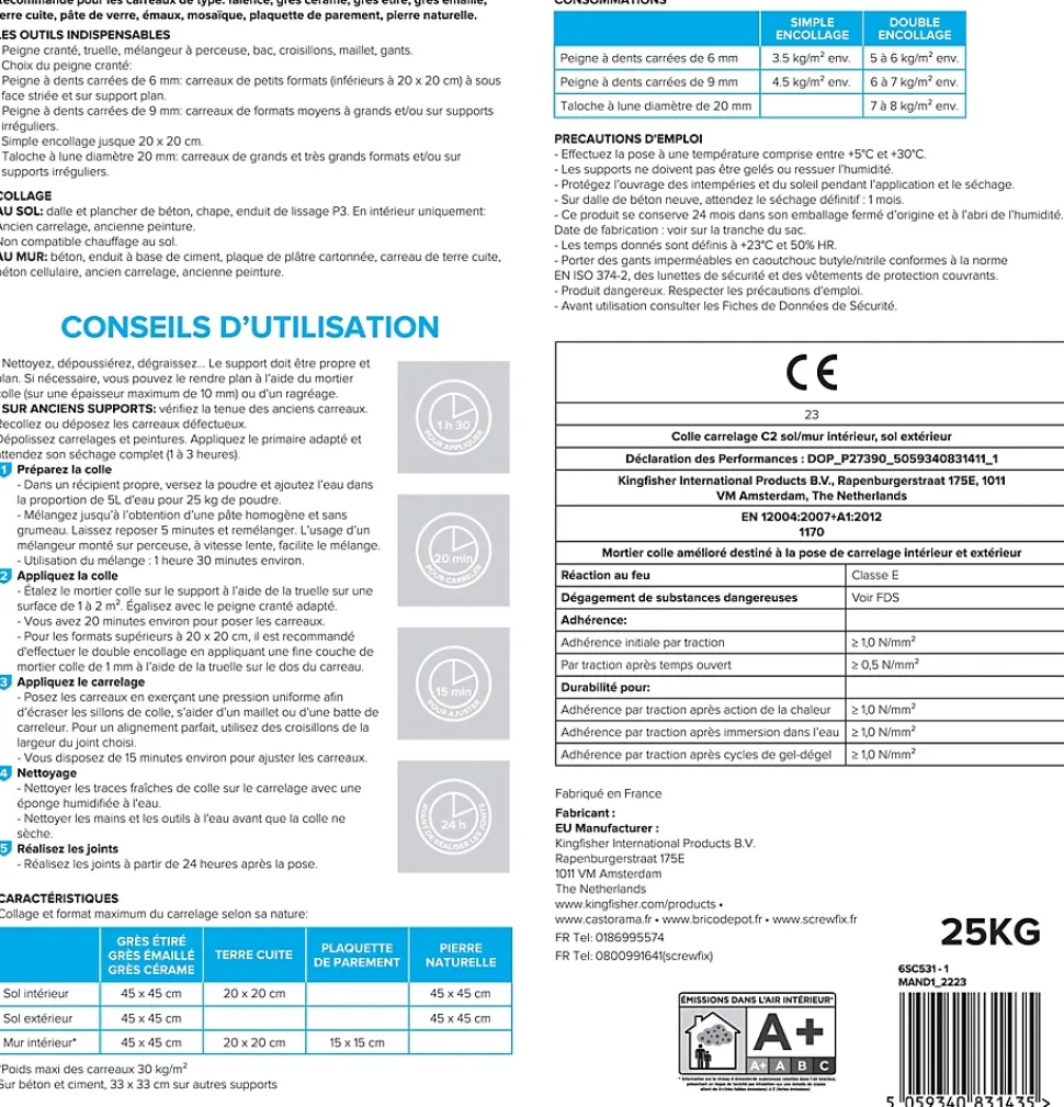 Colle carrelage sol int/ext et mur intérieur gris Volden C2 25kg
