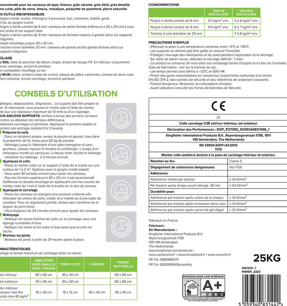 Colle carrelage sol int/ext et mur intérieur gris Volden C2E 25kg