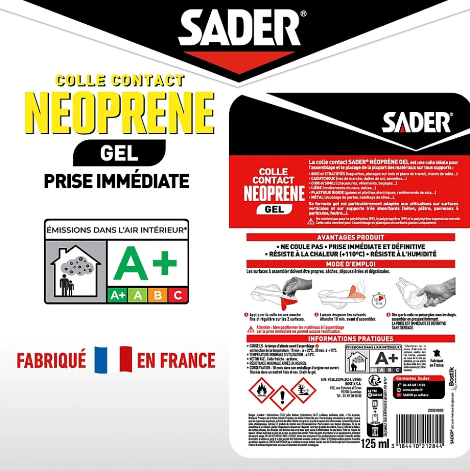 Colle contact néoprène en gel Sader tous matériaux tube de 125 ml