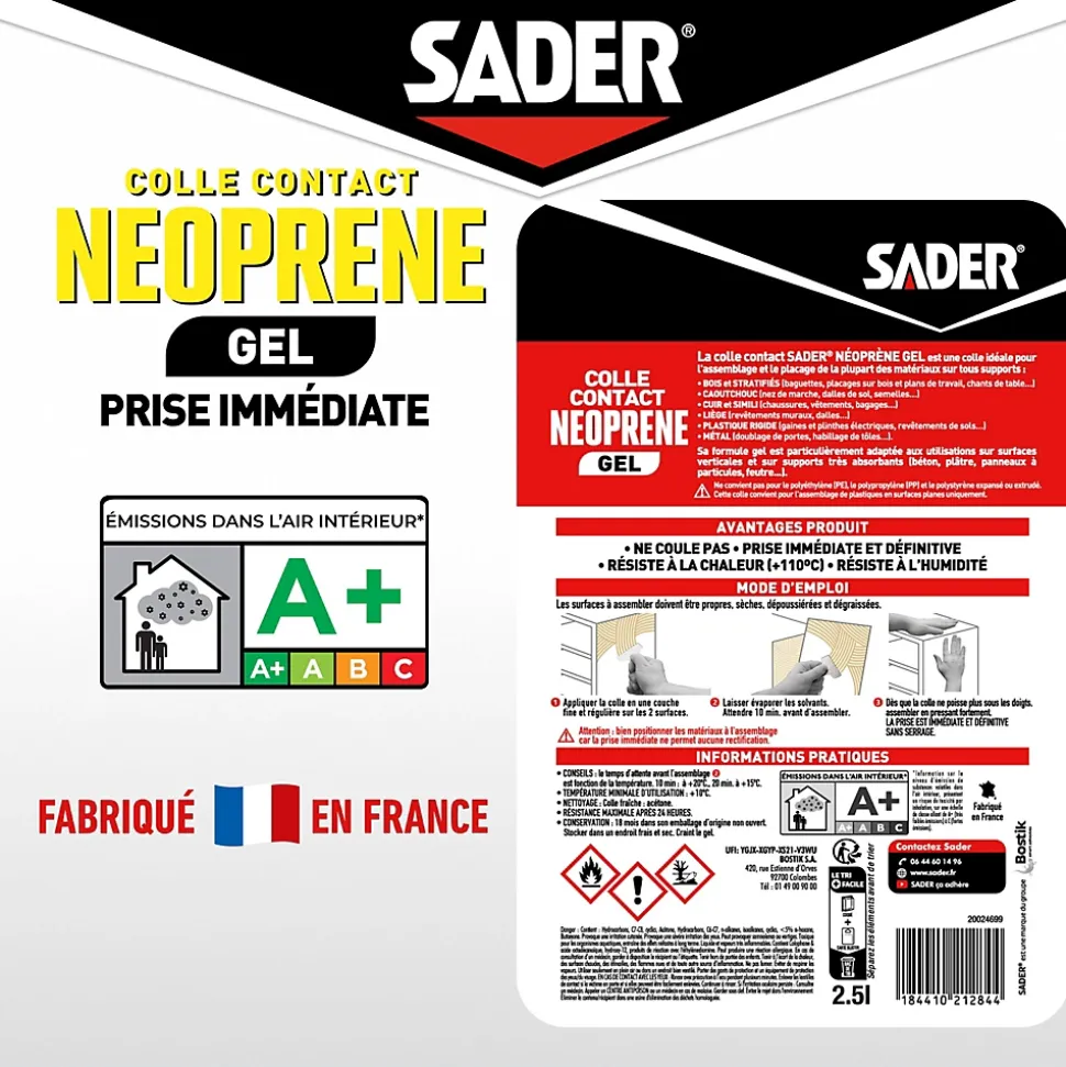 Colle contact néoprène en gel Sader tous matériaux seau de 2.5 litres