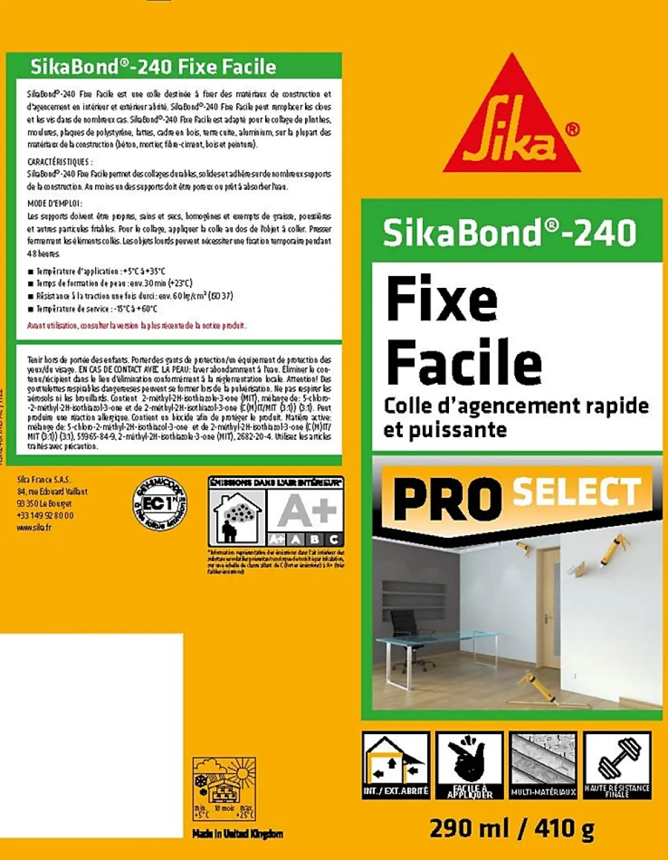 Colle d'agencement rapide Sikabond 240 410gr blanc