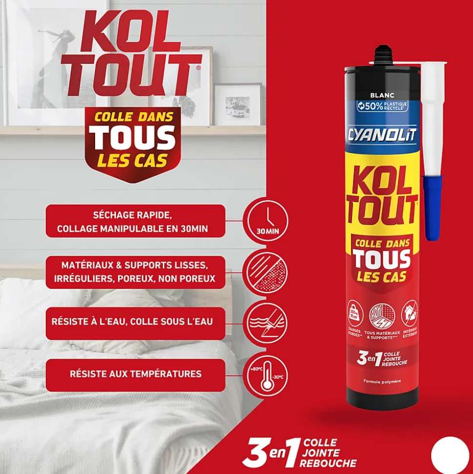 Colle de fixation Cyanolit Koultout 33301149 couleur blanc résistance 350 kg / 10 cm² séchage en 30 minutes