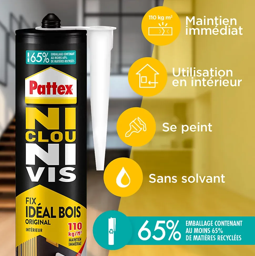 Colle de fixation vendue par 3 Pattex Ni clou Ni vis couleur transparent résistance 100 kg / cm² séchage en 12 h