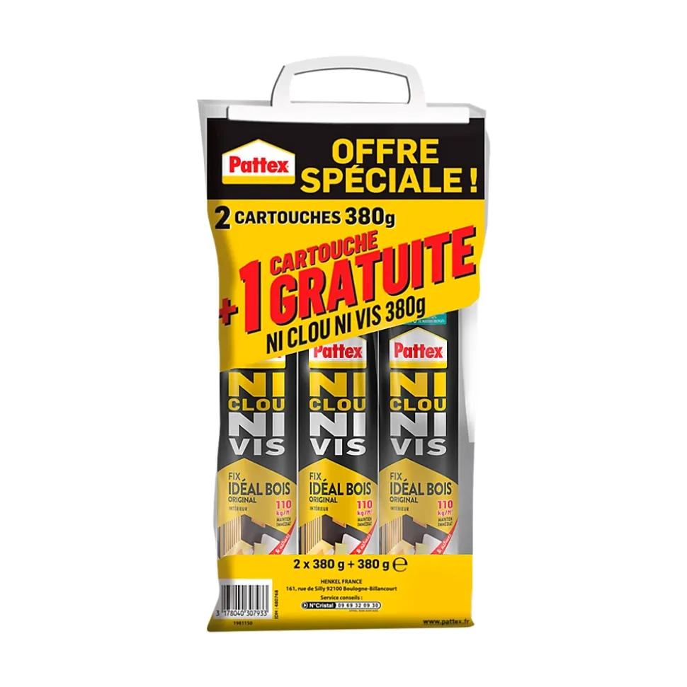 Colle de fixation vendue par 3 Pattex Ni clou Ni vis couleur transparent résistance 100 kg / cm² séchage en 12 h