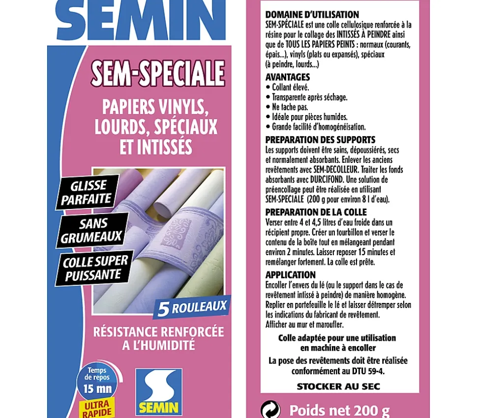 Colle en Poudre pour Papiers Peints Sem-Spéciale Semin, Vinyls, Lourds, Spéciaux et Intissés, Intérieur, Boite 200 g (lot de 2)