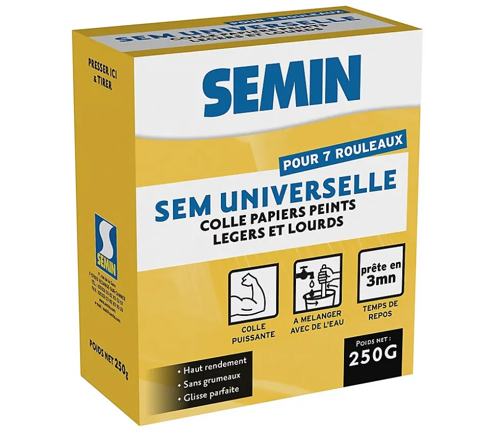 Colle en Poudre pour Papiers Peints Légers et Lourds Semin, Boite 250 g