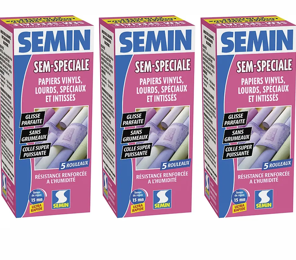 Colle en Poudre pour Papiers Peints Sem-Spéciale Semin, Vinyls, Lourds, Spéciaux et Intissés, Intérieur, Boite 200 g (lot de 3)