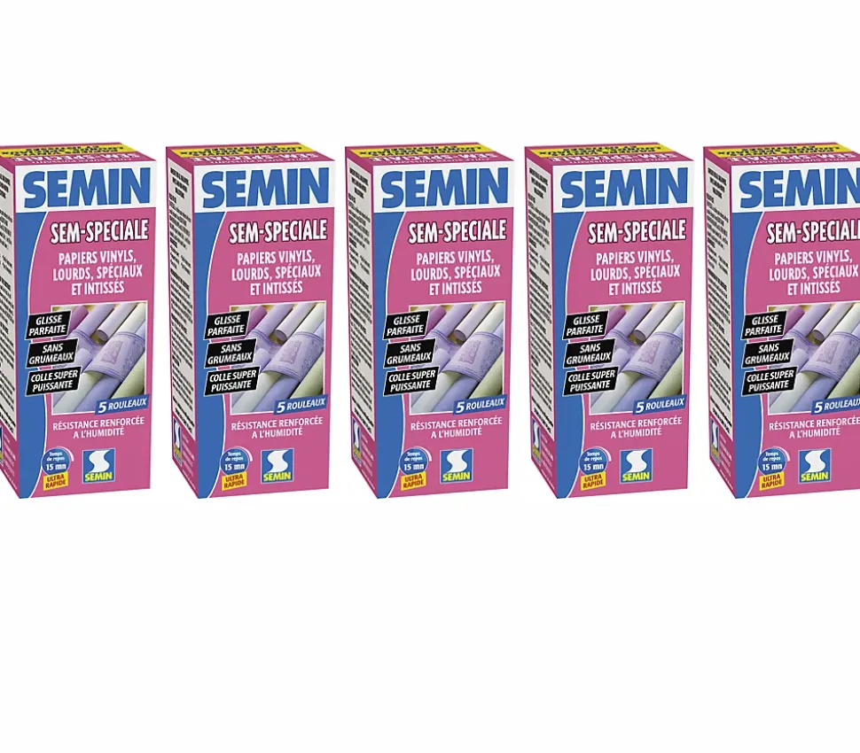 Colle en Poudre pour Papiers Peints Sem-Spéciale Semin, Vinyls, Lourds, Spéciaux et Intissés, Intérieur, Boite 200 g (lot de 5)