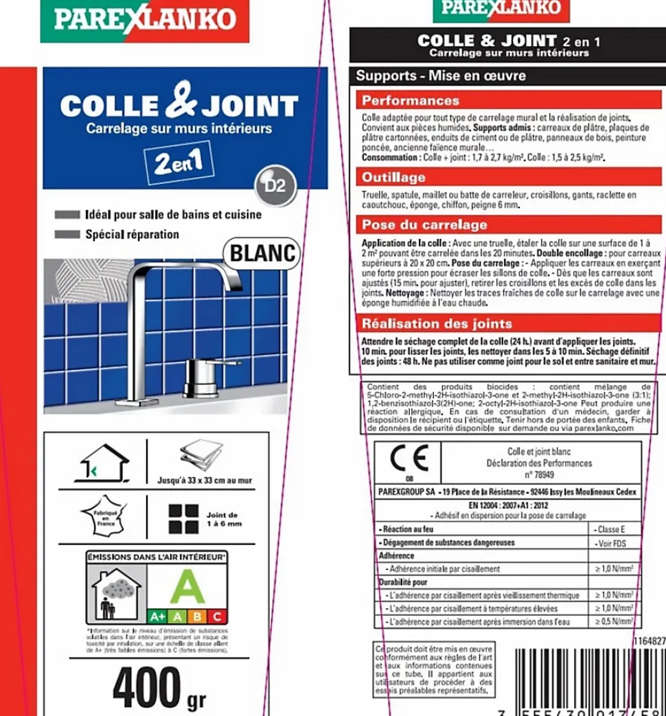 Colle et joint carrelage mur intérieur Parexlanko blanc 400 g