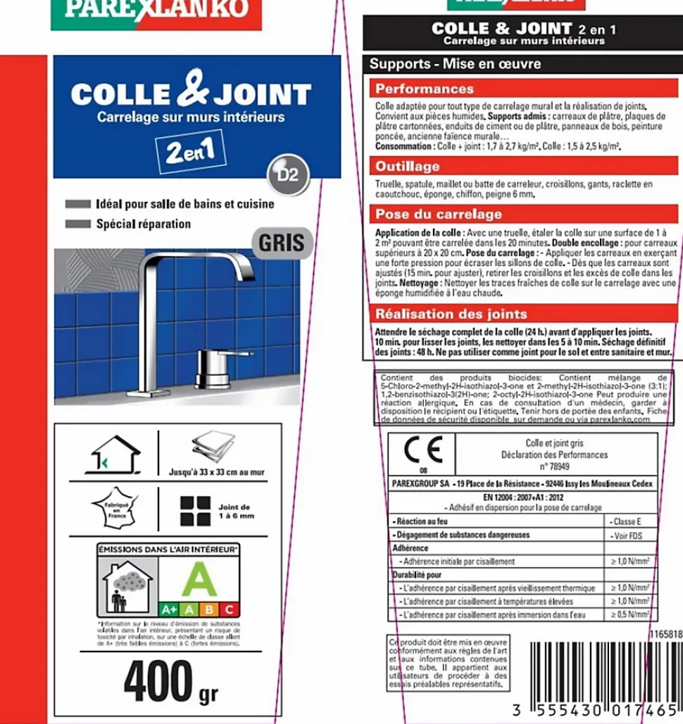 Colle et joint carrelage mur intérieur Parexlanko gris 400 g