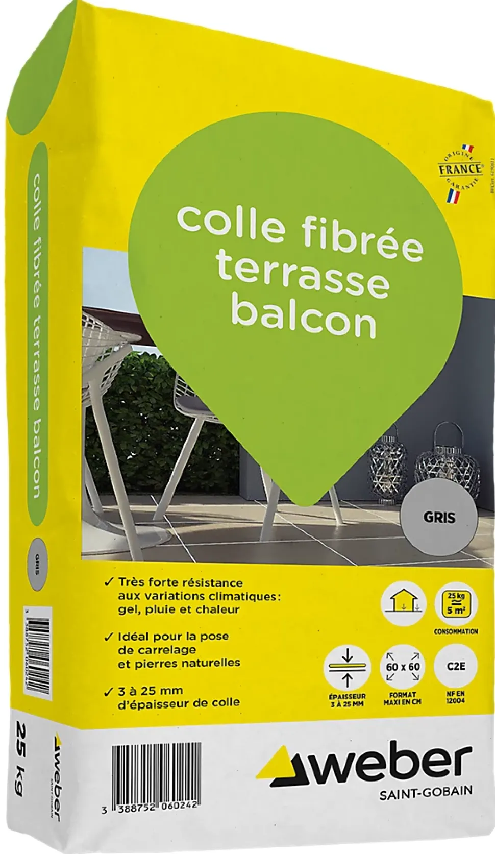 Colle fibrée terrasse balcon gris Weber 25kg