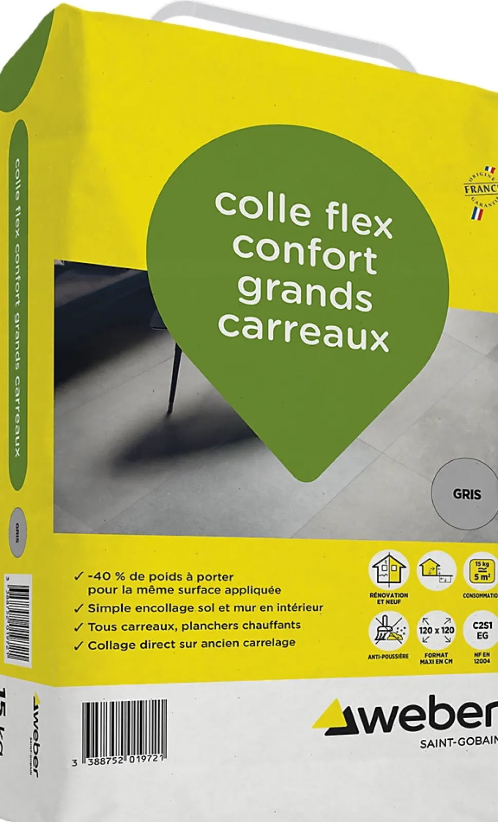 Colle flex confort grands carreaux gris Weber 15kg