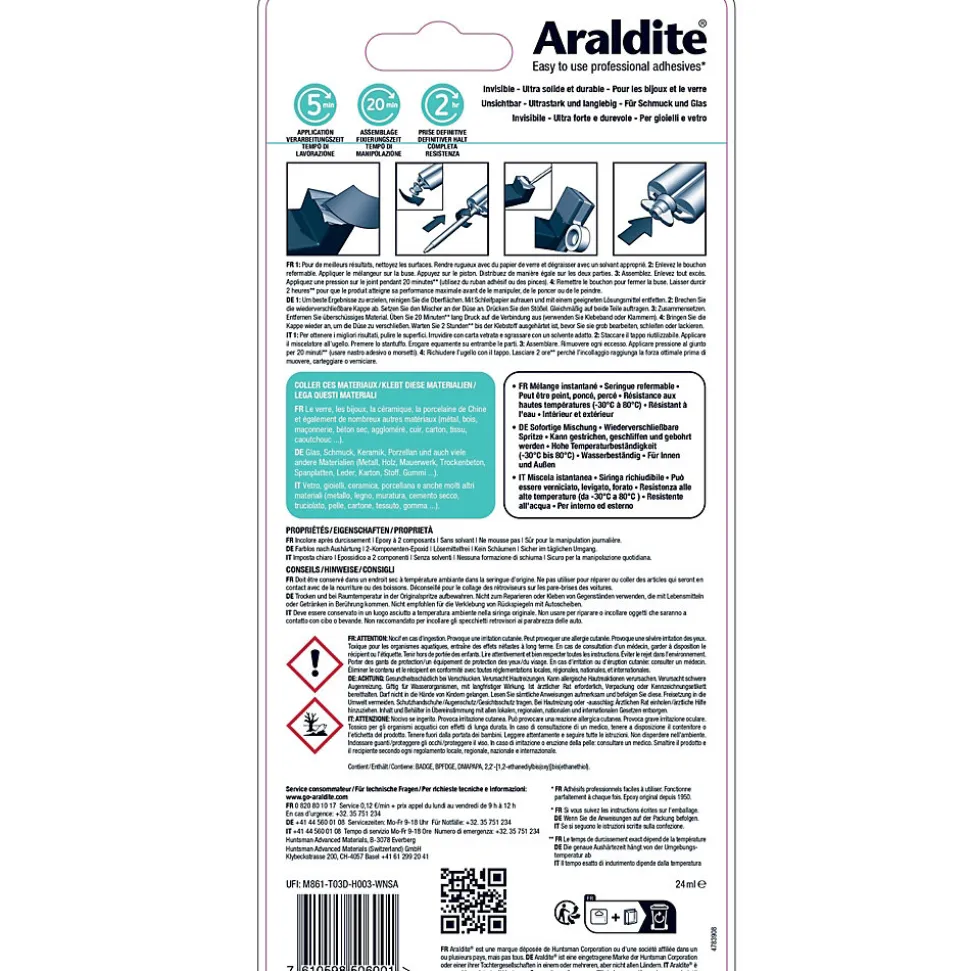 Colle haute performance epoxy à prise rapide Araldite Crystal 24 ml