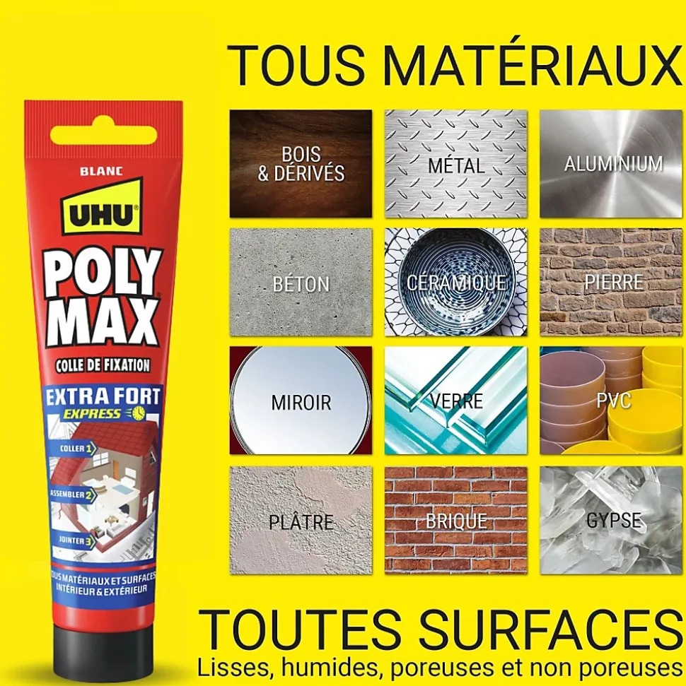 Colle mastic extra forte express UHU Poly Max blanc tube 165g