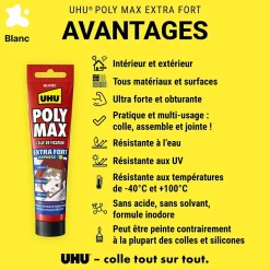 Colle mastic extra forte express UHU Poly Max blanc tube 165g
