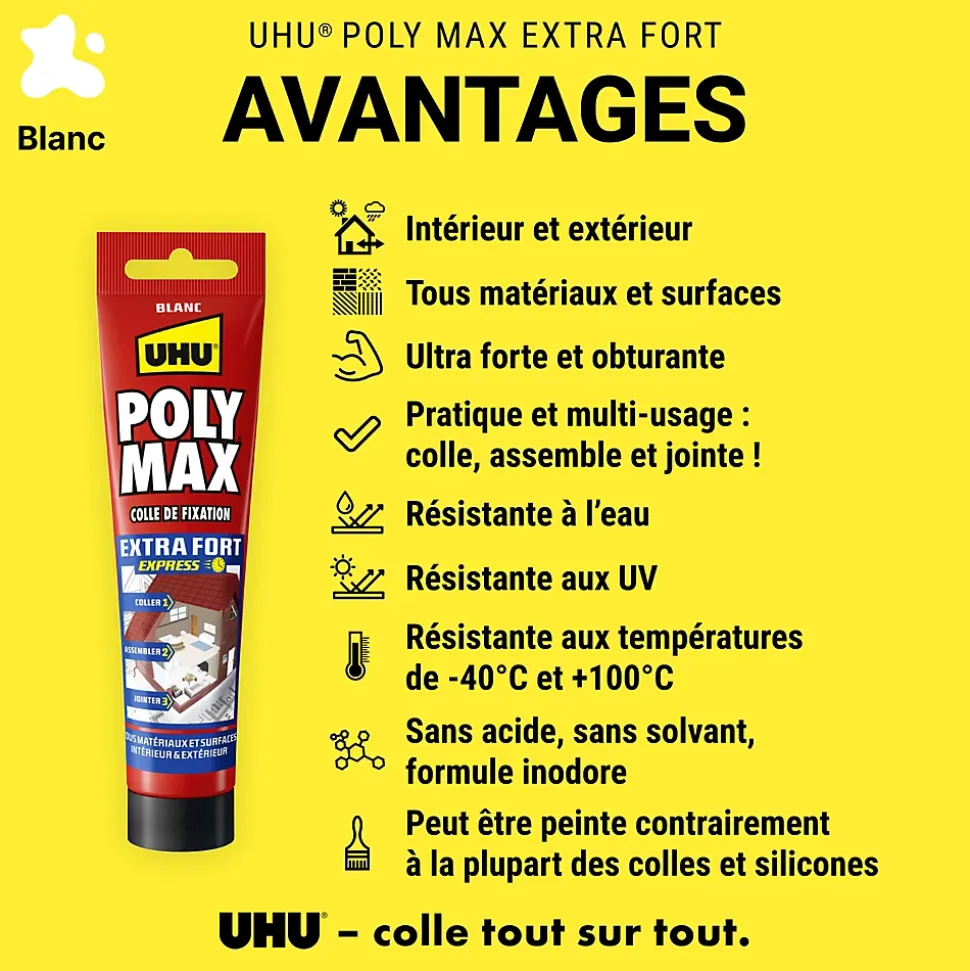 Colle mastic extra forte express UHU Poly Max blanc tube 165g
