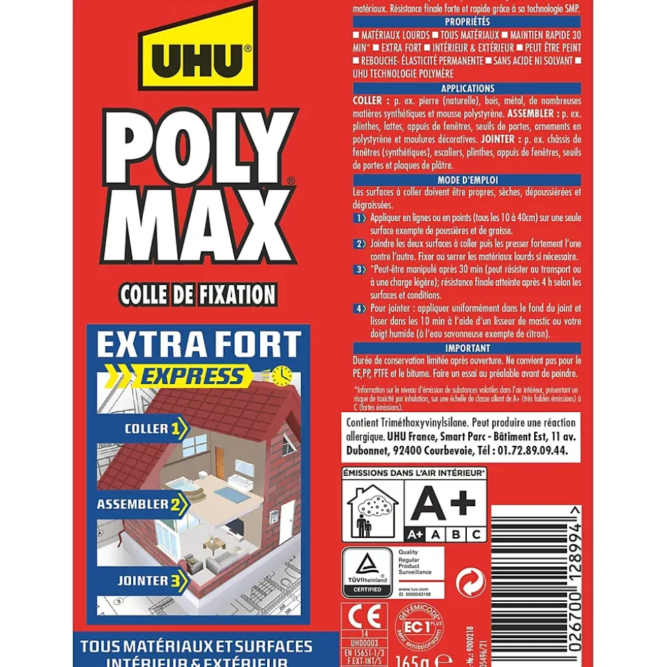 Colle mastic extra forte express UHU Poly Max blanc tube 165g