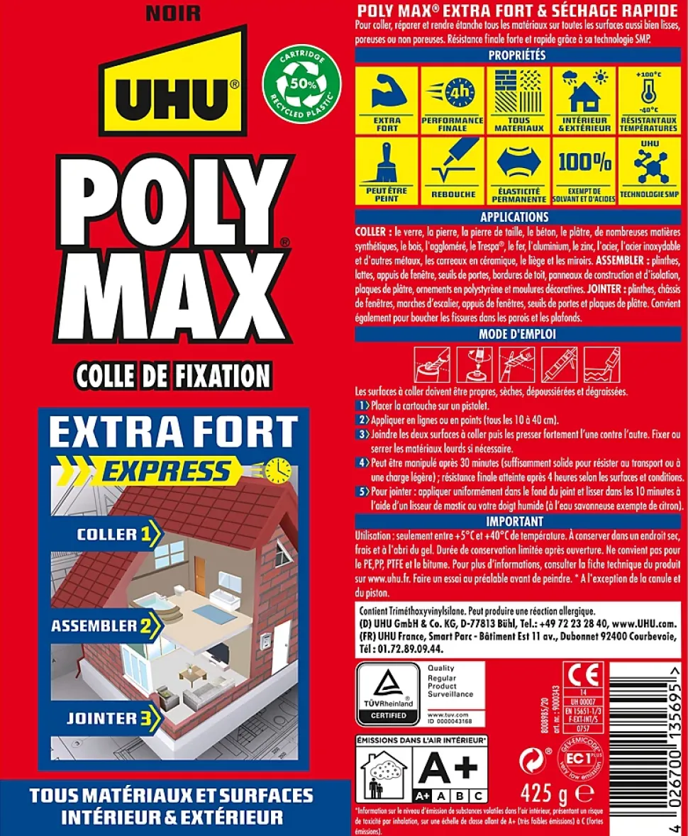 Colle mastic extra forte UHU Poly max noir 425g