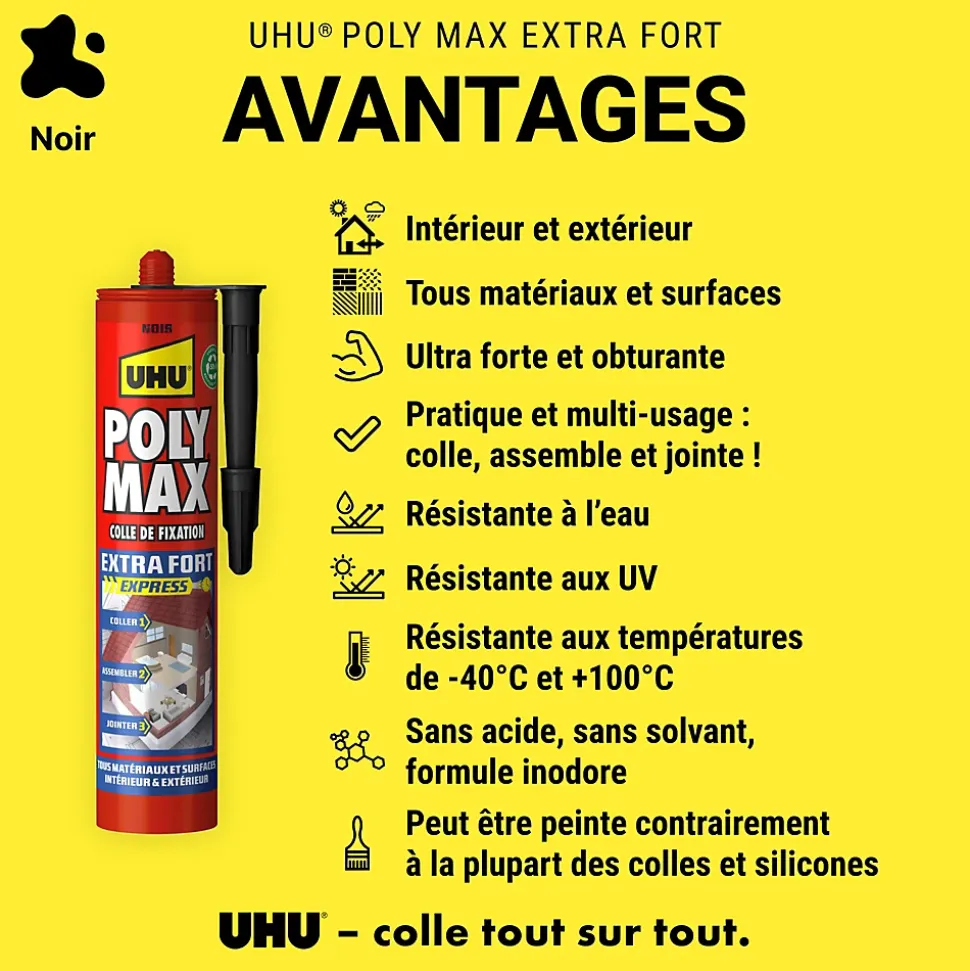 Colle mastic extra forte UHU Poly max noir 425g