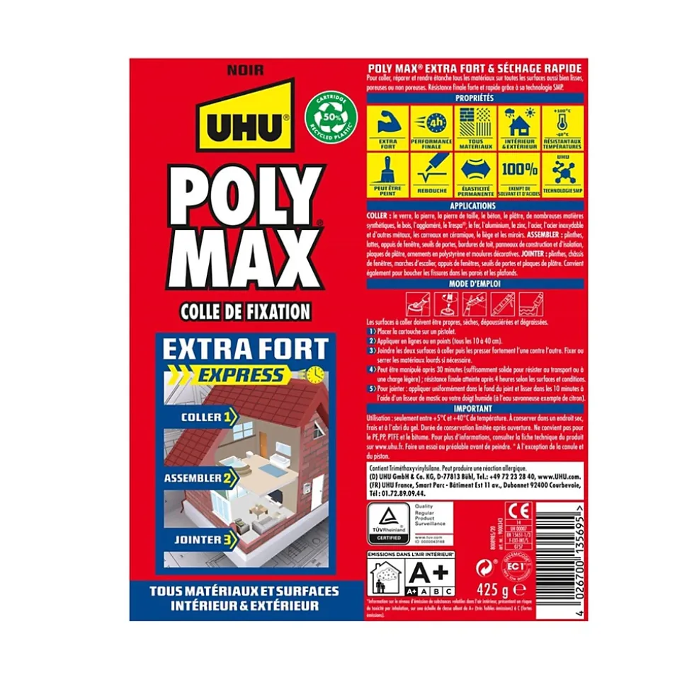 Colle mastic extra forte UHU Poly max noir 425g