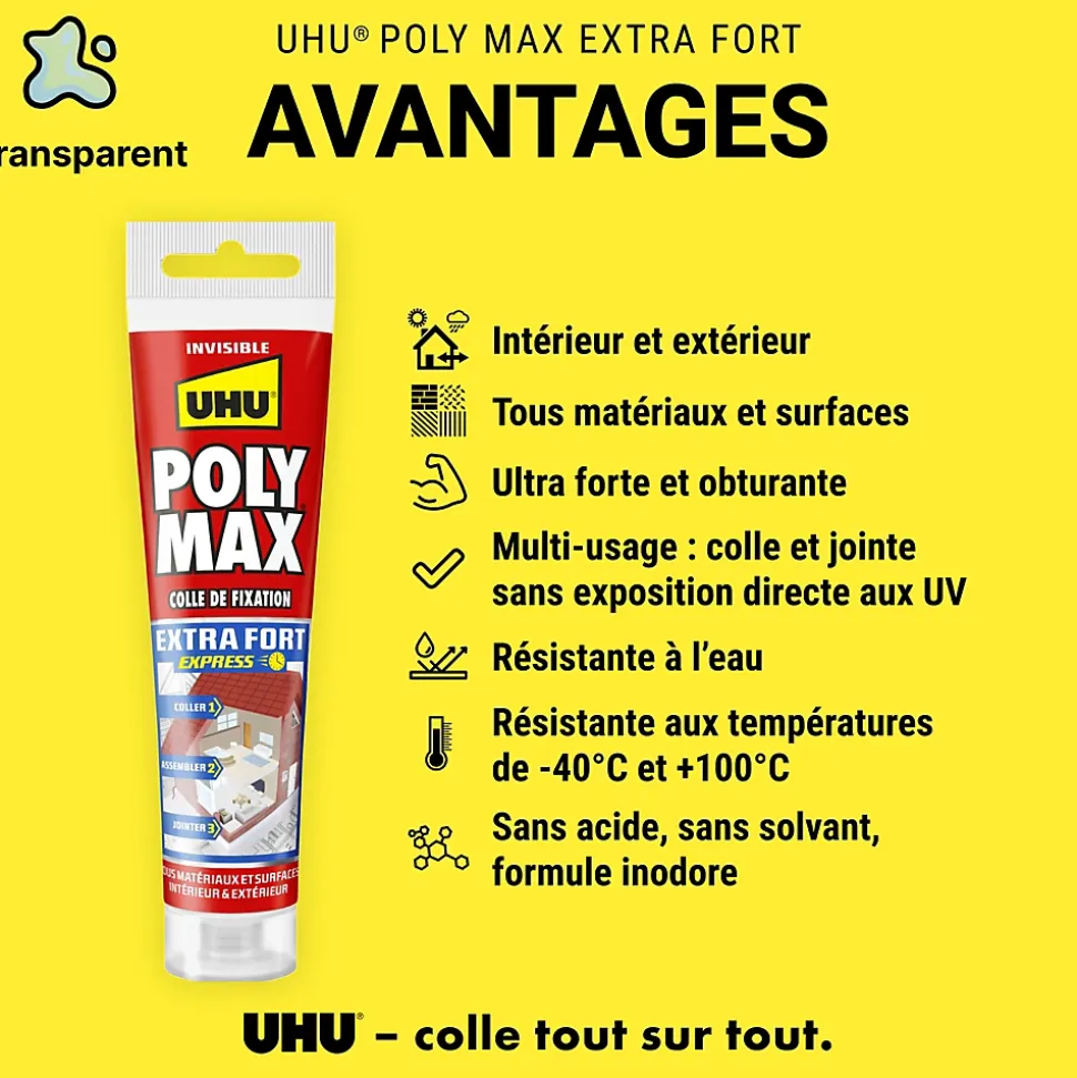 Colle mastic extra forte express UHU Poly Max transparente tube 115g