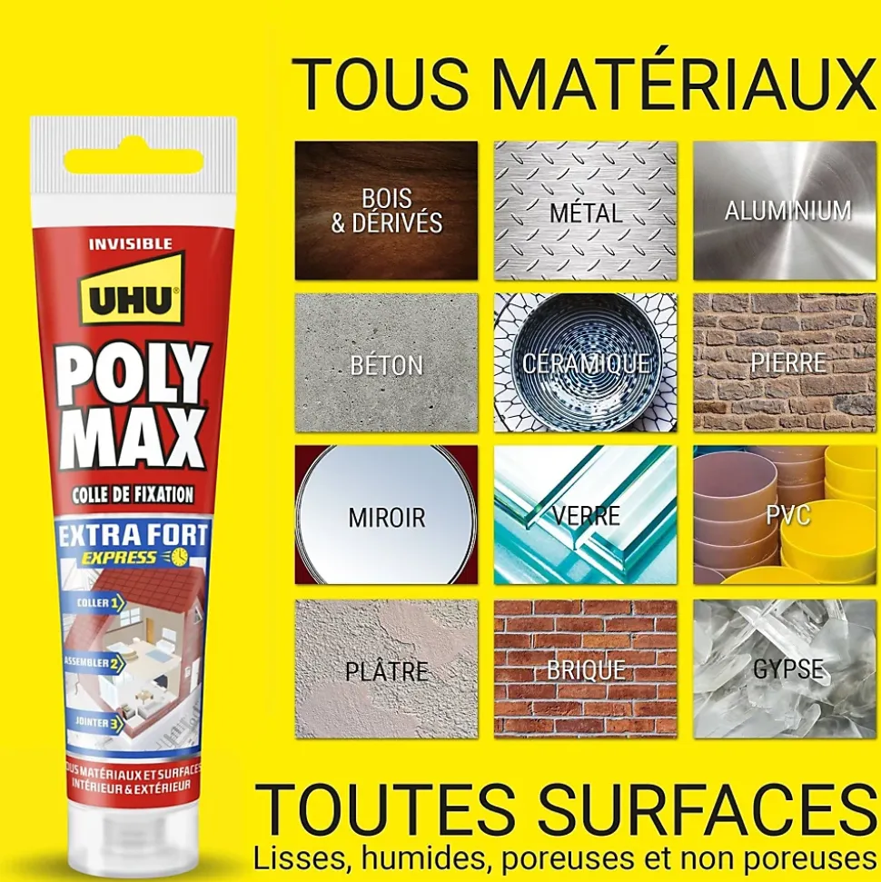 Colle mastic extra forte express UHU Poly Max transparente tube 115g