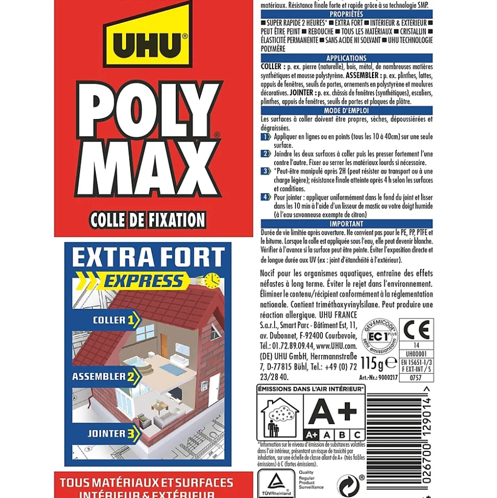 Colle mastic extra forte express UHU Poly Max transparente tube 115g