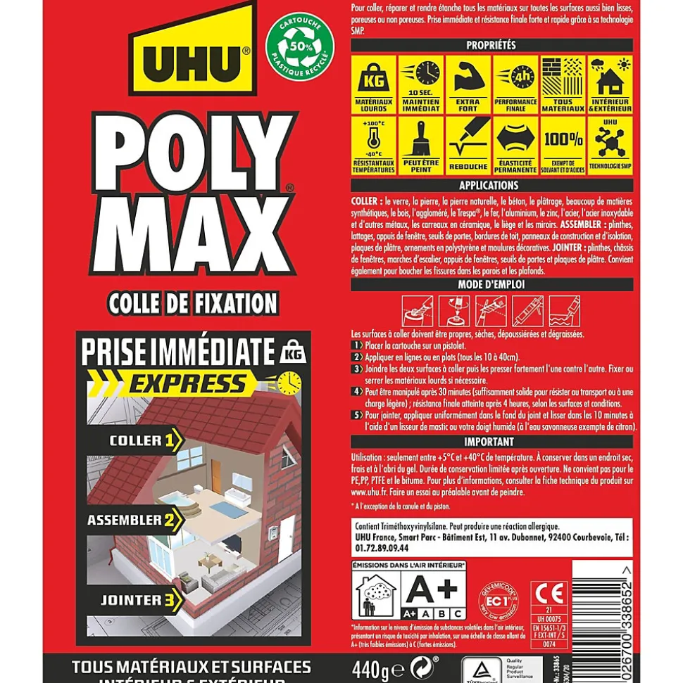 Colle mastic prise immédiate express UHU blanc cartouche 425g